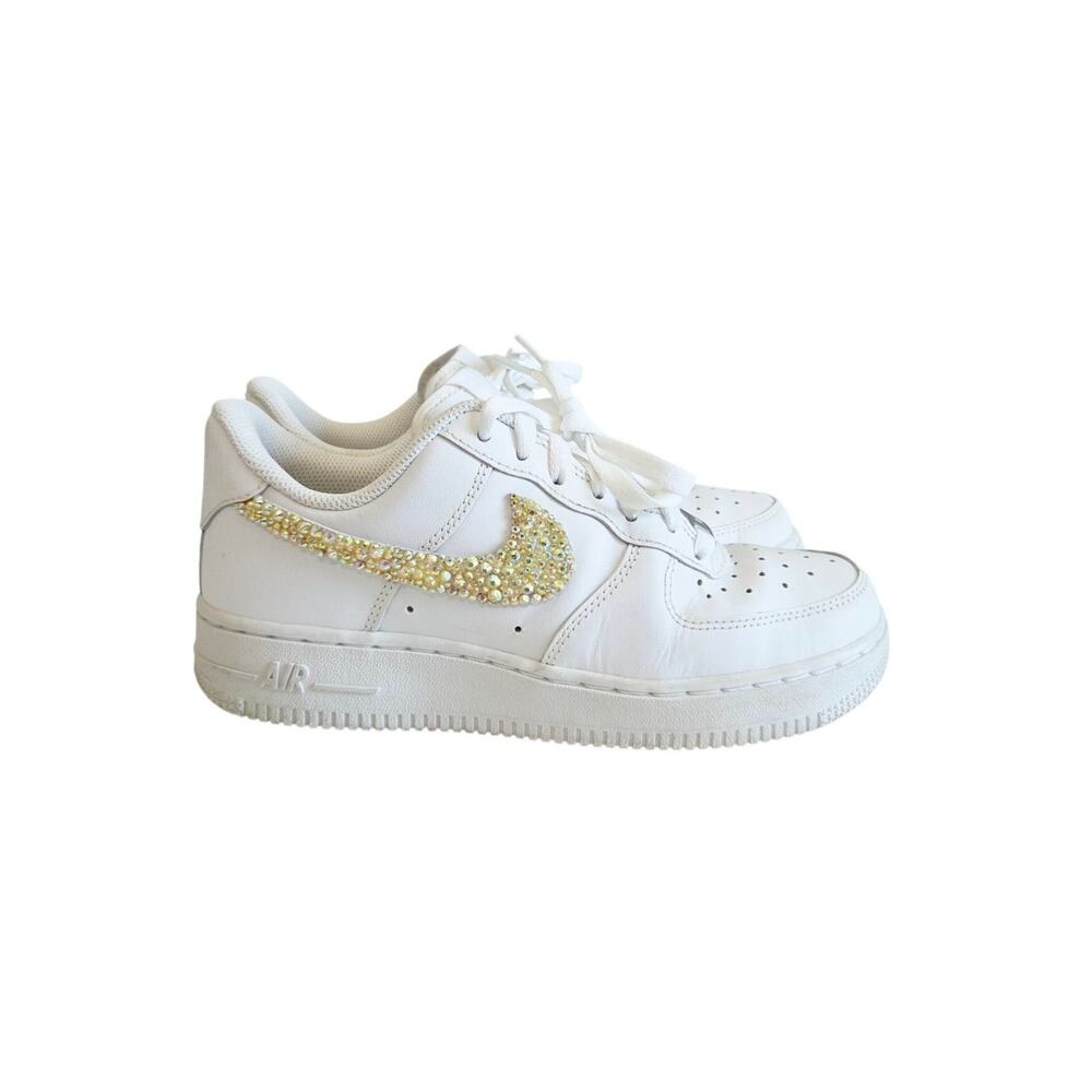 Custom Bling Nike Air Force 1 Low Gold Rhinestone White Sneakers S Initial 6.5